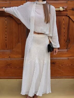 Retro Sheer Top Polka Dot Set Women'S Neck Tie Short Jacket Skirted Long Dress
